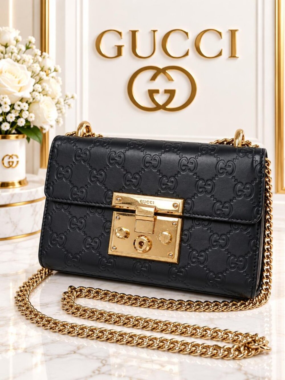 Authentic Gucci Padlock Black Guccissima Leather Gold Chain Crossbody Bag